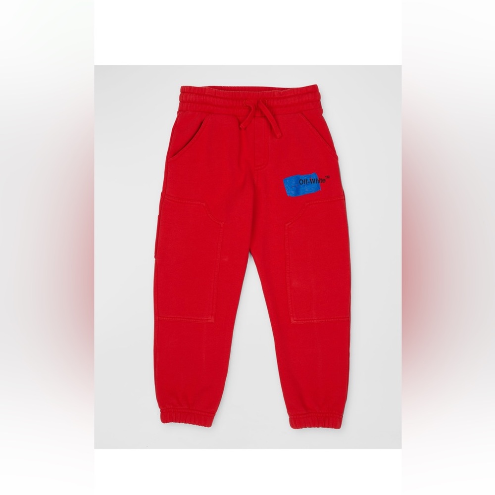 OFF-WHITE sweatpants w/smear graphic & logo print. Signature stripes-back